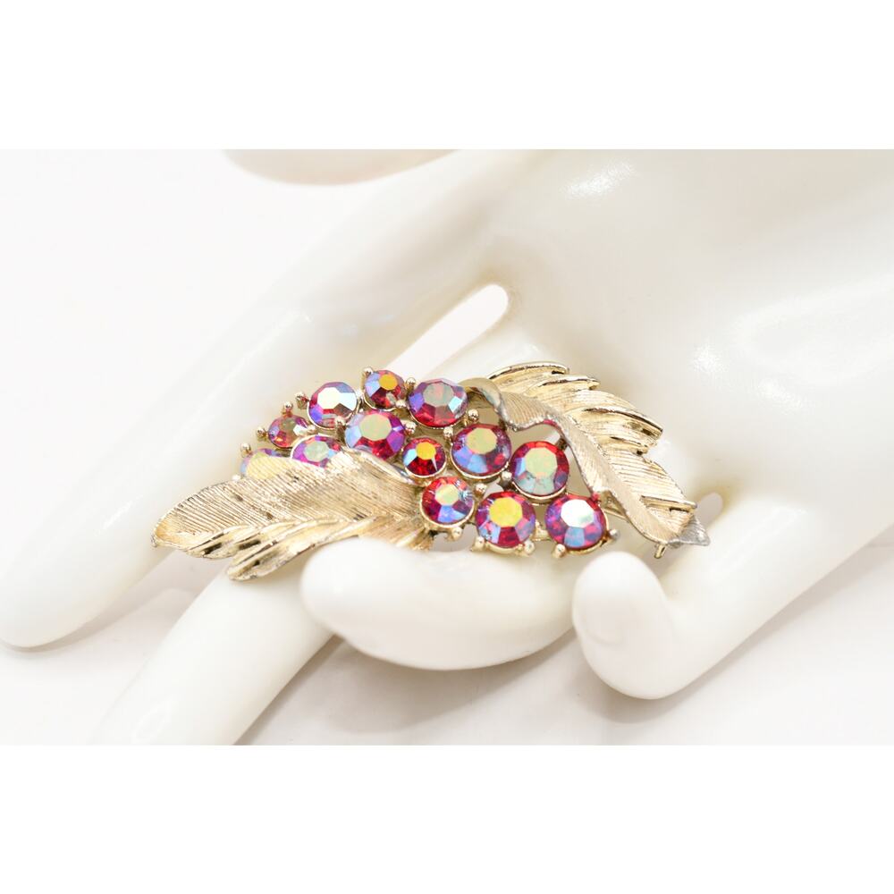 Vintage Lisner AB Red Rhinestone Gold Tone Leaf Brooch Signed